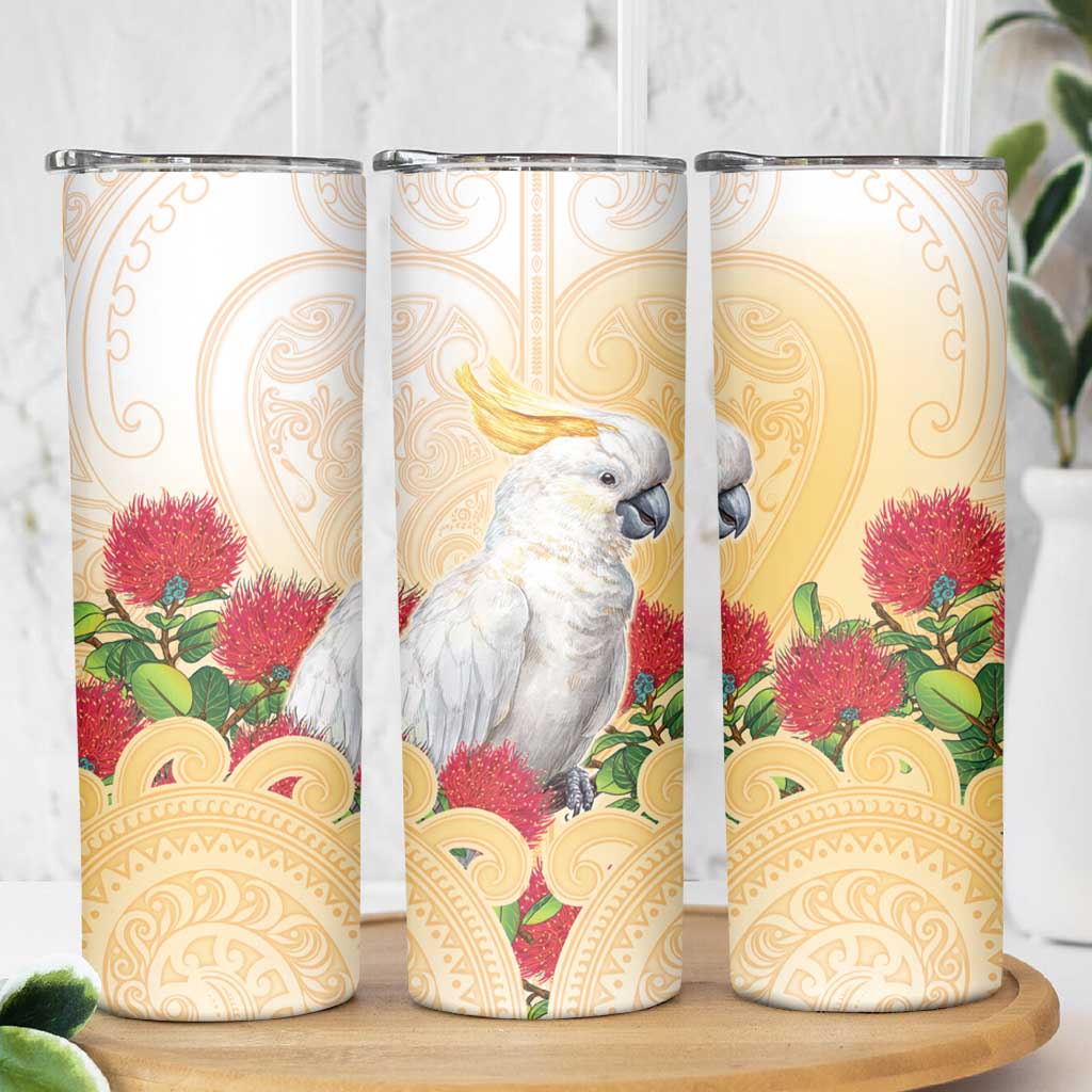 New Zealand Aotearoa Cockatoo Skinny Tumbler Maori Pattern With Pohutukawa Flowers