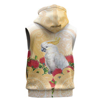 New Zealand Aotearoa Cockatoo Sleeveless Hoodie Maori Pattern With Pohutukawa Flowers LT05 - Polynesian Pride
