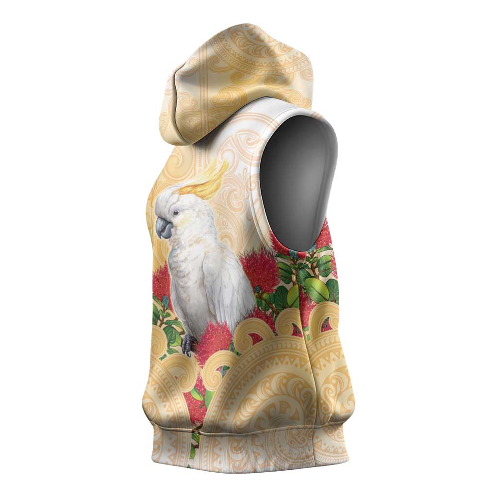 New Zealand Aotearoa Cockatoo Sleeveless Hoodie Maori Pattern With Pohutukawa Flowers LT05 - Polynesian Pride