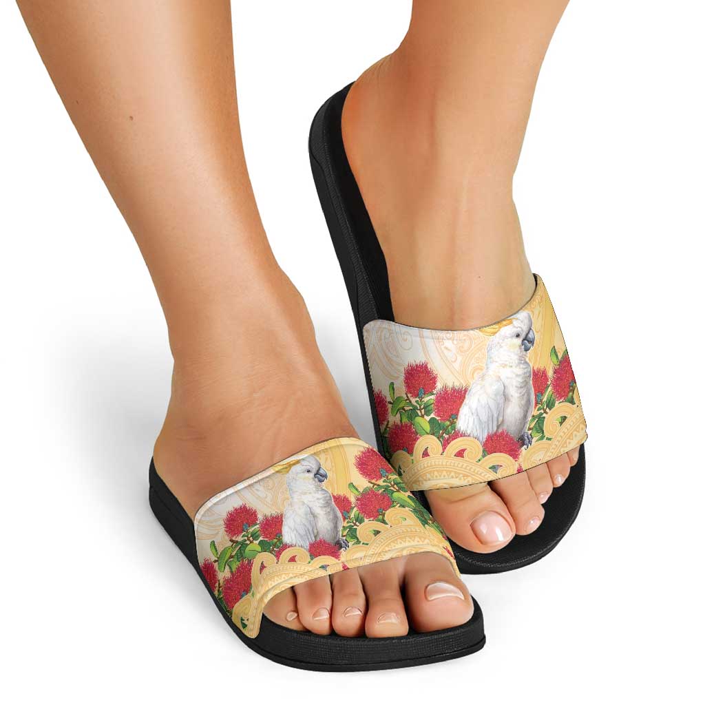 New Zealand Aotearoa Cockatoo Slide Sandals Maori Pattern With Pohutukawa Flowers LT05 - Polynesian Pride