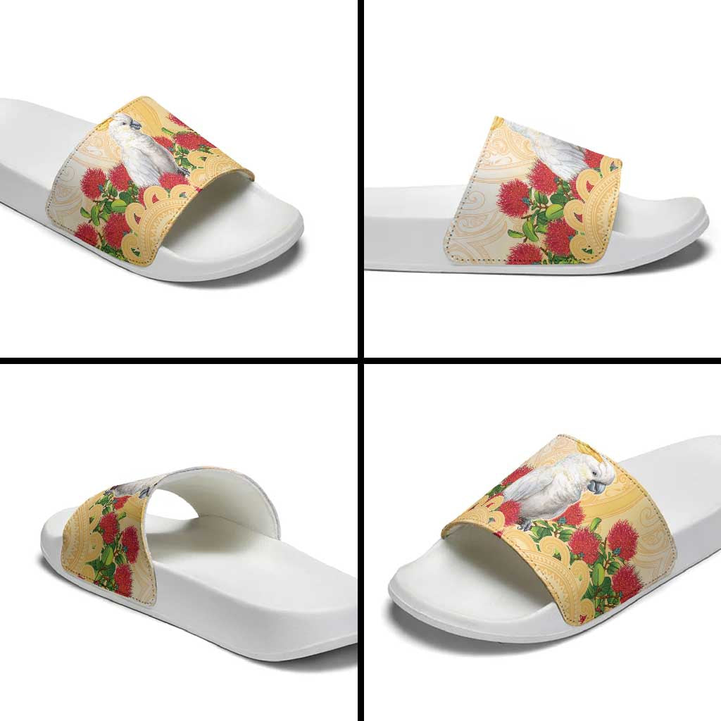 New Zealand Aotearoa Cockatoo Slide Sandals Maori Pattern With Pohutukawa Flowers LT05 - Polynesian Pride