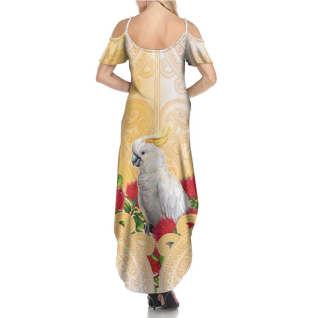 New Zealand Aotearoa Cockatoo Summer Maxi Dress Maori Pattern With Pohutukawa Flowers LT05 - Polynesian Pride