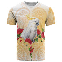 New Zealand Aotearoa Cockatoo T Shirt Maori Pattern With Pohutukawa Flowers LT05 Beige - Polynesian Pride