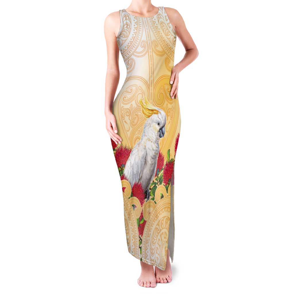 New Zealand Aotearoa Cockatoo Tank Maxi Dress Maori Pattern With Pohutukawa Flowers