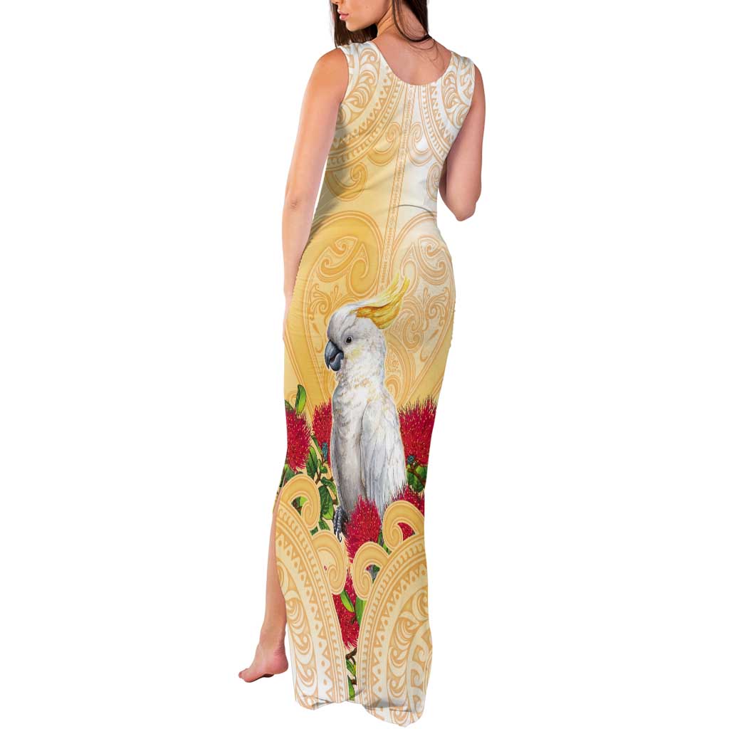 New Zealand Aotearoa Cockatoo Tank Maxi Dress Maori Pattern With Pohutukawa Flowers LT05 - Polynesian Pride