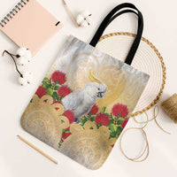 New Zealand Aotearoa Cockatoo Tote Bag Maori Pattern With Pohutukawa Flowers LT05 Black Strap One Size Beige - Polynesian Pride