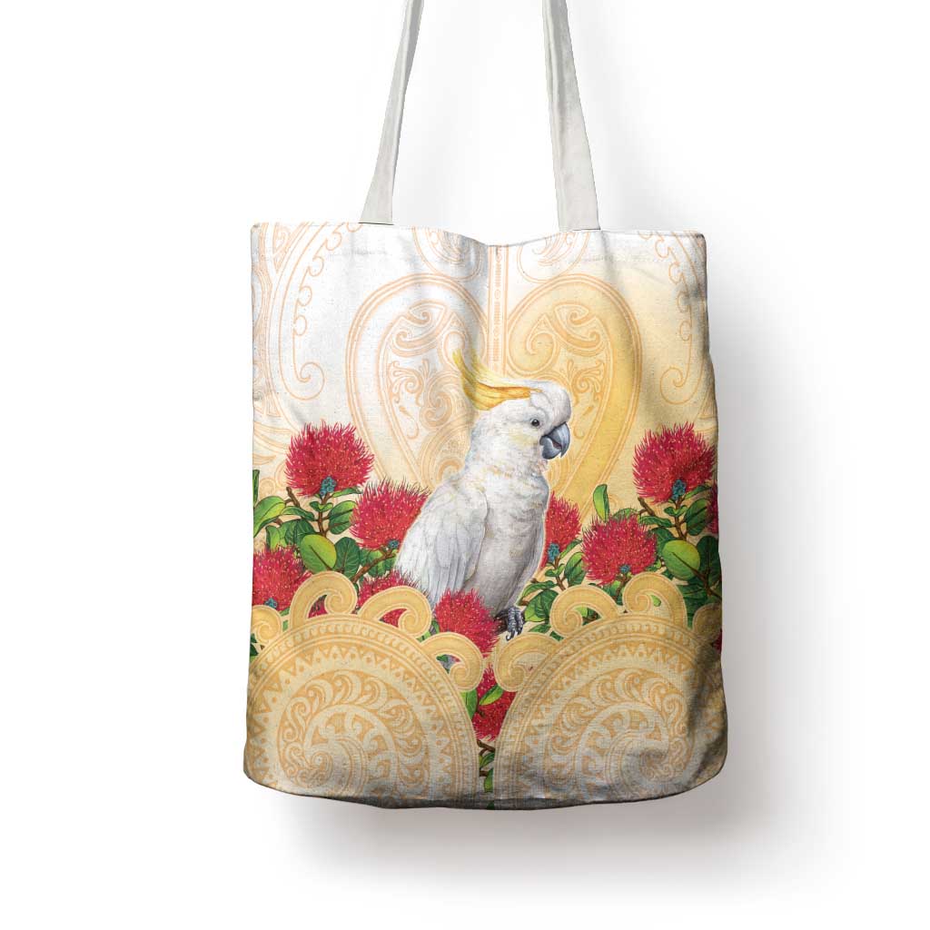 New Zealand Aotearoa Cockatoo Tote Bag Maori Pattern With Pohutukawa Flowers LT05 - Polynesian Pride