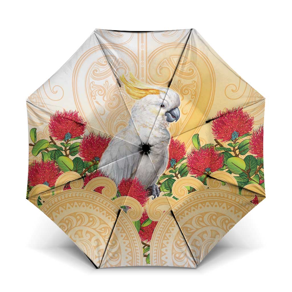 New Zealand Aotearoa Cockatoo Umbrella Maori Pattern With Pohutukawa Flowers