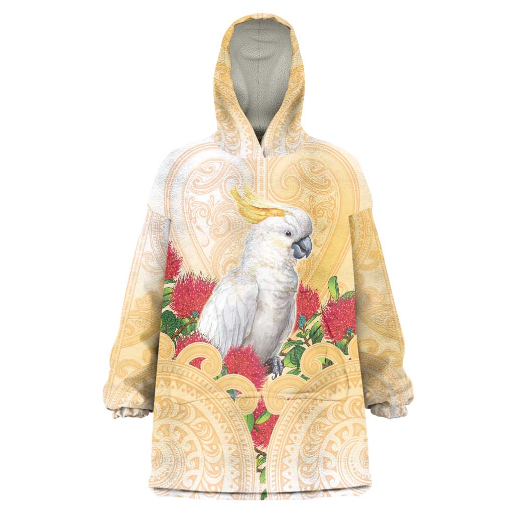 New Zealand Aotearoa Cockatoo Wearable Blanket Hoodie Maori Pattern With Pohutukawa Flowers