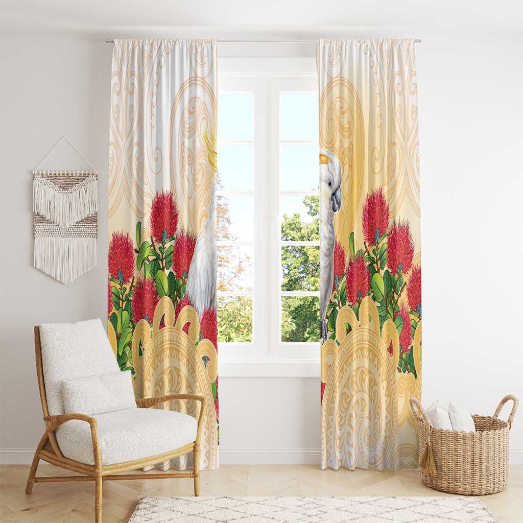 New Zealand Aotearoa Cockatoo Window Curtain Maori Pattern With Pohutukawa Flowers