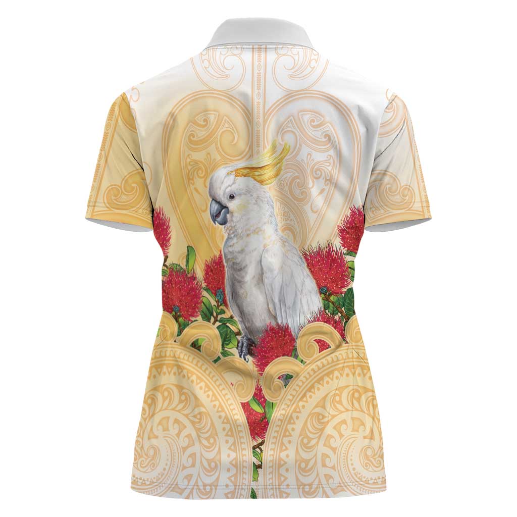 New Zealand Aotearoa Cockatoo Women Polo Shirt Maori Pattern With Pohutukawa Flowers