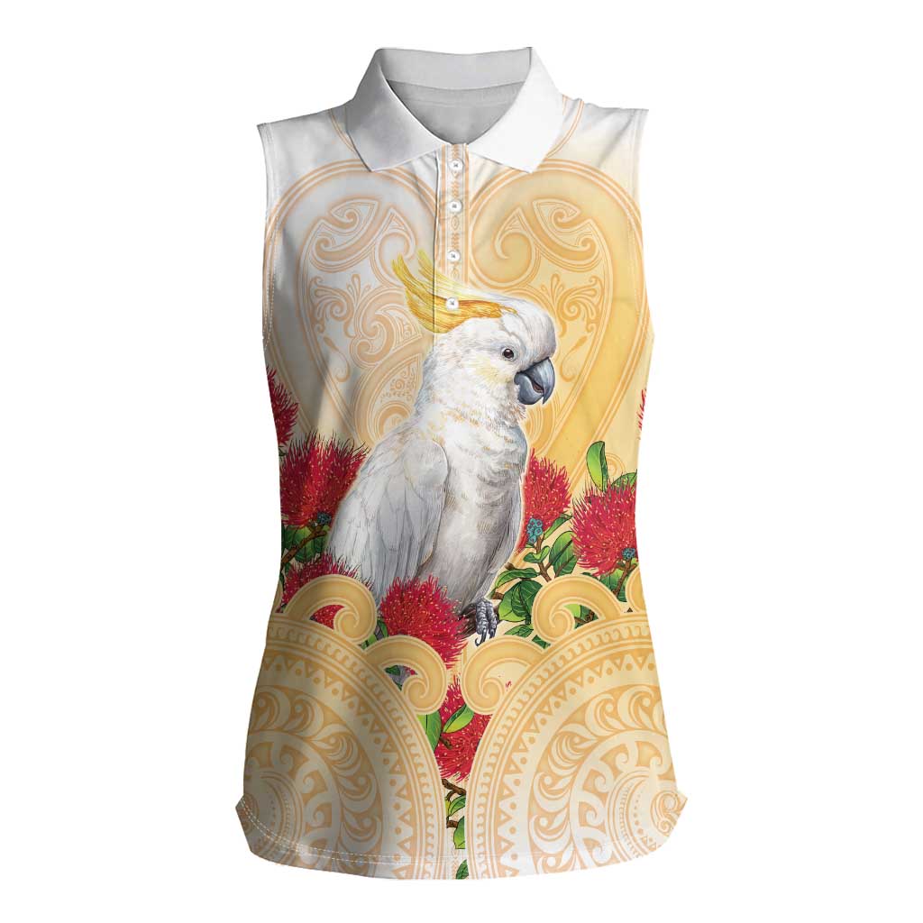 New Zealand Aotearoa Cockatoo Women Sleeveless Polo Shirt Maori Pattern With Pohutukawa Flowers