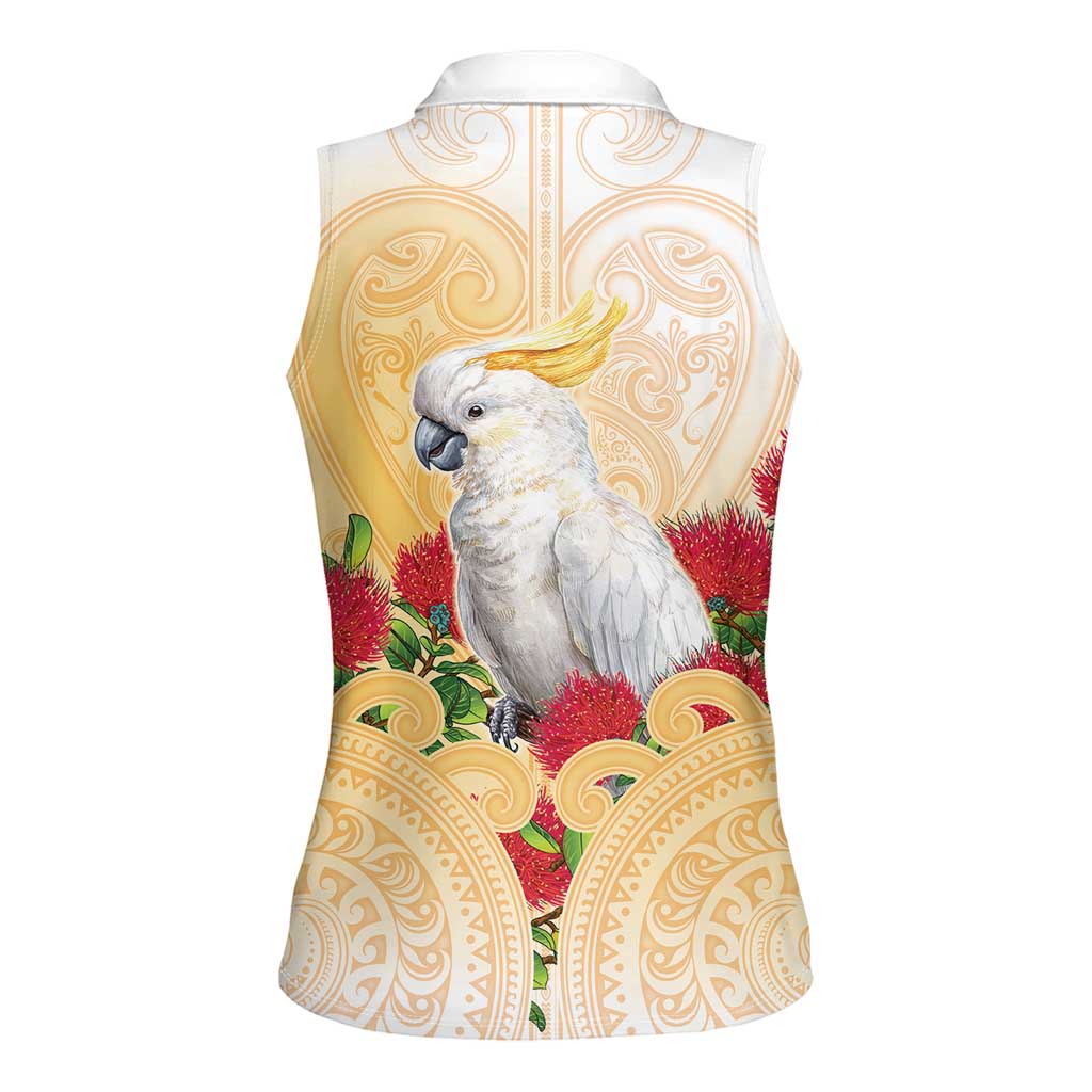 New Zealand Aotearoa Cockatoo Women Sleeveless Polo Shirt Maori Pattern With Pohutukawa Flowers