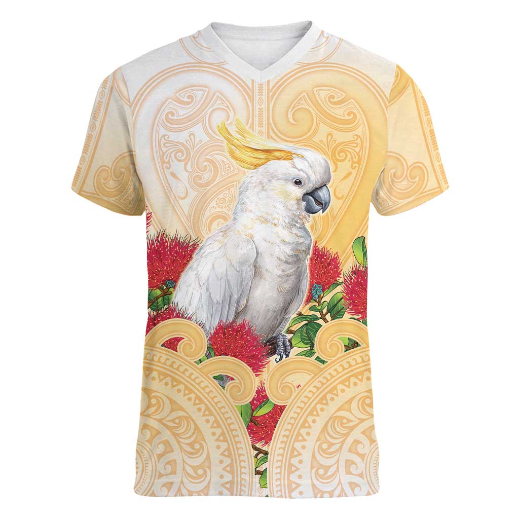 New Zealand Aotearoa Cockatoo Women V-Neck T-Shirt Maori Pattern With Pohutukawa Flowers