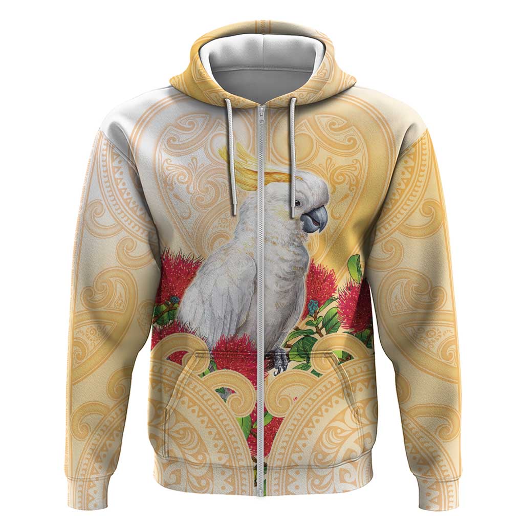 New Zealand Aotearoa Cockatoo Zip Hoodie Maori Pattern With Pohutukawa Flowers LT05 Zip Hoodie Beige - Polynesian Pride