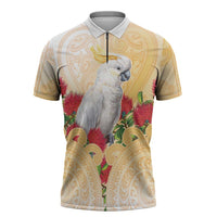New Zealand Aotearoa Cockatoo Zipper Polo Shirt Maori Pattern With Pohutukawa Flowers