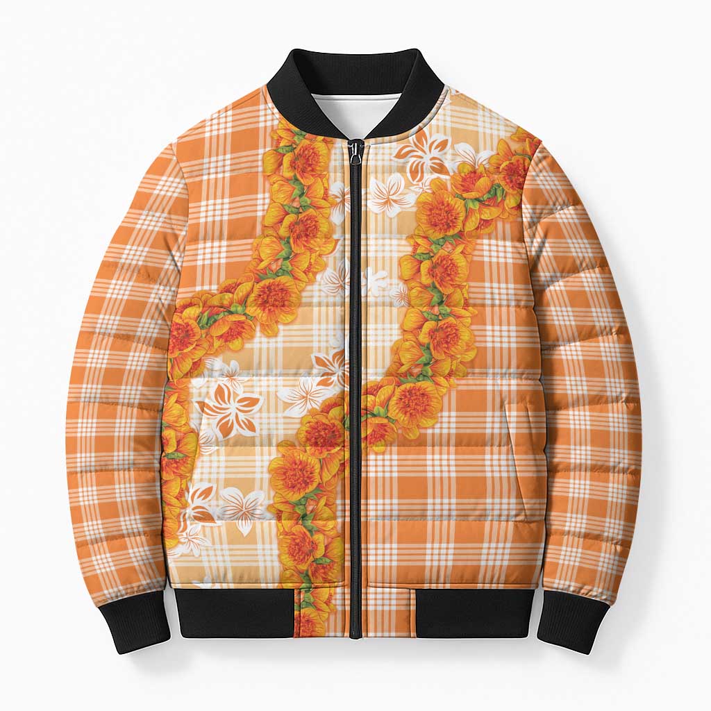 Orange Hawaii Palaka Bomber Puffer Jacket Hawaiian Ilima Lei