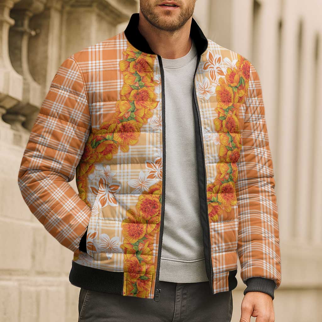 Orange Hawaii Palaka Bomber Puffer Jacket Hawaiian Ilima Lei