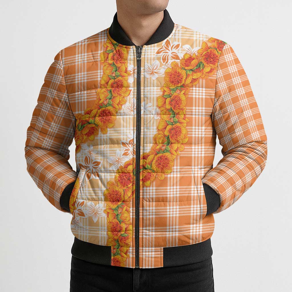 Orange Hawaii Palaka Bomber Puffer Jacket Hawaiian Ilima Lei