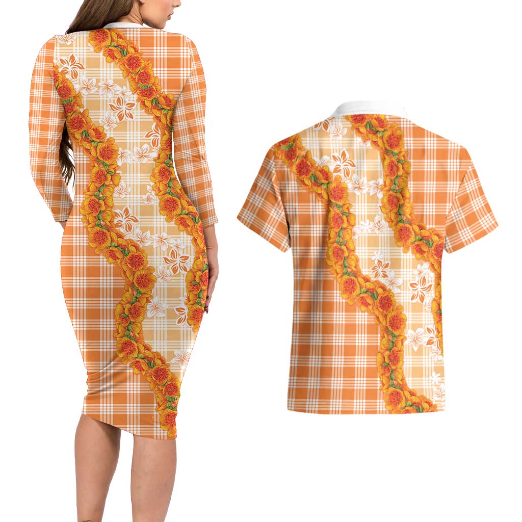 Orange Hawaii Palaka Couples Matching Long Sleeve Bodycon Dress and Hawaiian Shirt Hawaiian Ilima Lei LT05 - Polynesian Pride