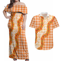 Orange Hawaii Palaka Couples Matching Off Shoulder Maxi Dress and Hawaiian Shirt Hawaiian Ilima Lei LT05 Orange - Polynesian Pride