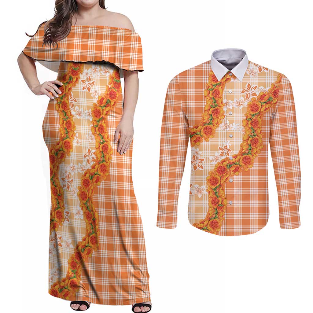 Orange Hawaii Palaka Couples Matching Off Shoulder Maxi Dress and Long Sleeve Button Shirt Hawaiian Ilima Lei