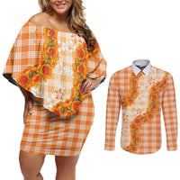 Orange Hawaii Palaka Couples Matching Off Shoulder Short Dress and Long Sleeve Button Shirt Hawaiian Ilima Lei