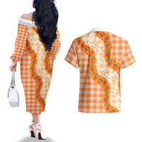 Orange Hawaii Palaka Couples Matching Off The Shoulder Long Sleeve Dress and Hawaiian Shirt Hawaiian Ilima Lei LT05 - Polynesian Pride