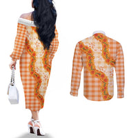 Orange Hawaii Palaka Couples Matching Off The Shoulder Long Sleeve Dress and Long Sleeve Button Shirt Hawaiian Ilima Lei LT05 - Polynesian Pride