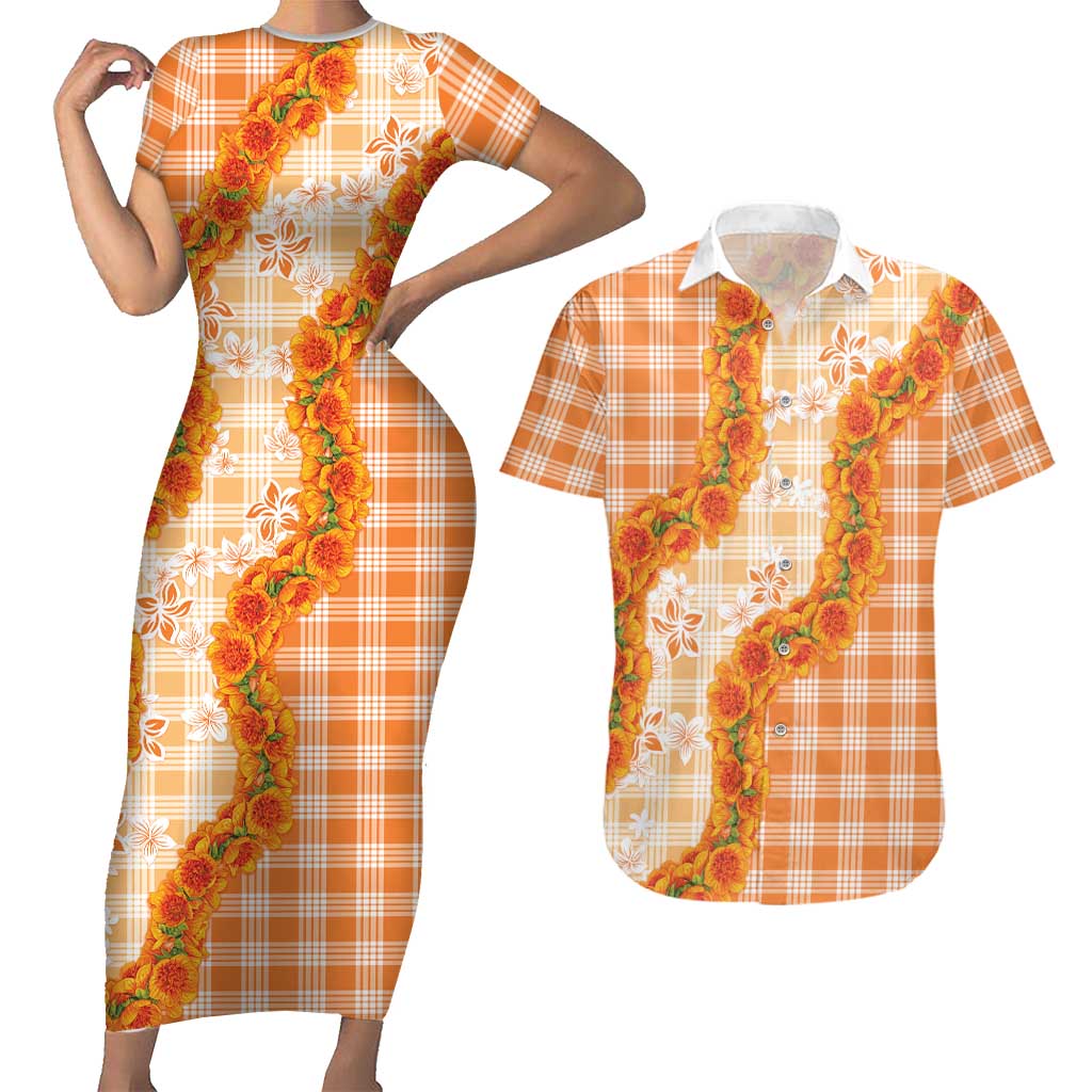 Orange Hawaii Palaka Couples Matching Short Sleeve Bodycon Dress and Hawaiian Shirt Hawaiian Ilima Lei LT05 Orange - Polynesian Pride