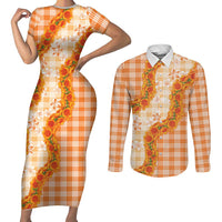 Orange Hawaii Palaka Couples Matching Short Sleeve Bodycon Dress and Long Sleeve Button Shirt Hawaiian Ilima Lei LT05 Orange - Polynesian Pride