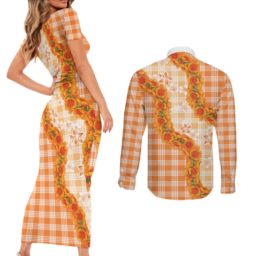 Orange Hawaii Palaka Couples Matching Short Sleeve Bodycon Dress and Long Sleeve Button Shirt Hawaiian Ilima Lei LT05 - Polynesian Pride