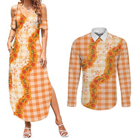 Orange Hawaii Palaka Couples Matching Summer Maxi Dress and Long Sleeve Button Shirt Hawaiian Ilima Lei