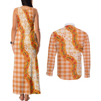 Orange Hawaii Palaka Couples Matching Tank Maxi Dress and Long Sleeve Button Shirt Hawaiian Ilima Lei