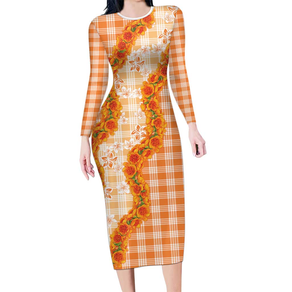 Orange Hawaii Palaka Family Matching Long Sleeve Bodycon Dress and Hawaiian Shirt Hawaiian Ilima Lei