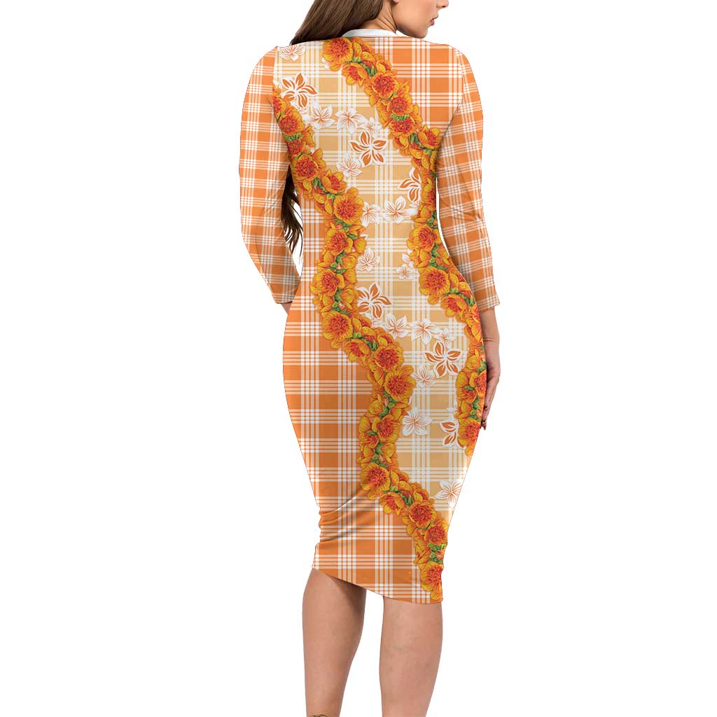 Orange Hawaii Palaka Family Matching Long Sleeve Bodycon Dress and Hawaiian Shirt Hawaiian Ilima Lei