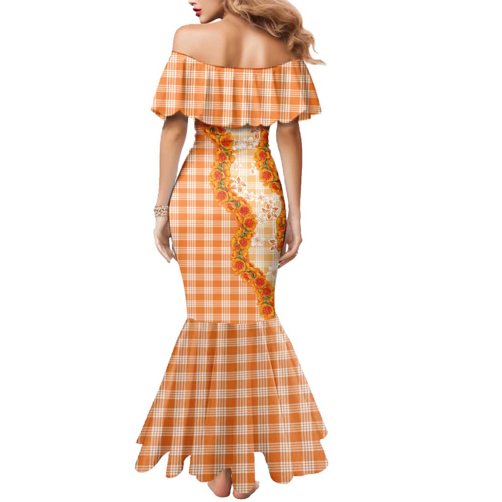 Orange Hawaii Palaka Family Matching Mermaid Dress and Hawaiian Shirt Hawaiian Ilima Lei