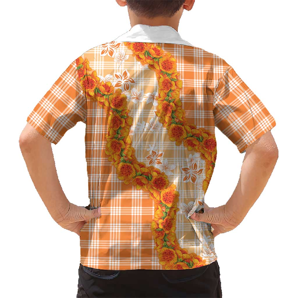 Orange Hawaii Palaka Family Matching Off The Shoulder Long Sleeve Dress and Hawaiian Shirt Hawaiian Ilima Lei LT05 - Polynesian Pride