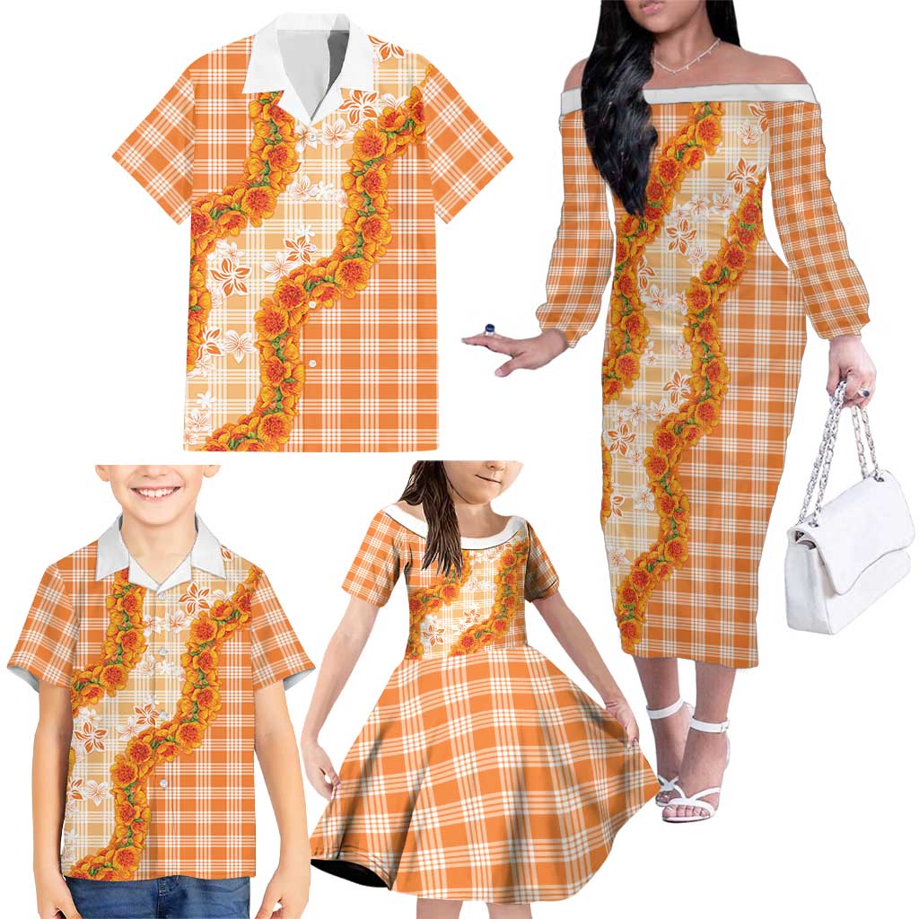Orange Hawaii Palaka Family Matching Off The Shoulder Long Sleeve Dress and Hawaiian Shirt Hawaiian Ilima Lei