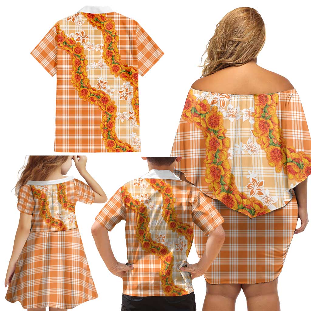 Orange Hawaii Palaka Family Matching Off Shoulder Short Dress and Hawaiian Shirt Hawaiian Ilima Lei
