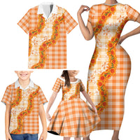 Orange Hawaii Palaka Family Matching Short Sleeve Bodycon Dress and Hawaiian Shirt Hawaiian Ilima Lei LT05 - Polynesian Pride