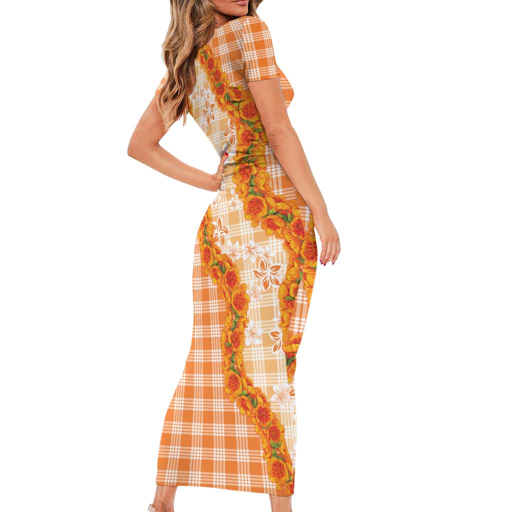 Orange Hawaii Palaka Family Matching Short Sleeve Bodycon Dress and Hawaiian Shirt Hawaiian Ilima Lei LT05 - Polynesian Pride