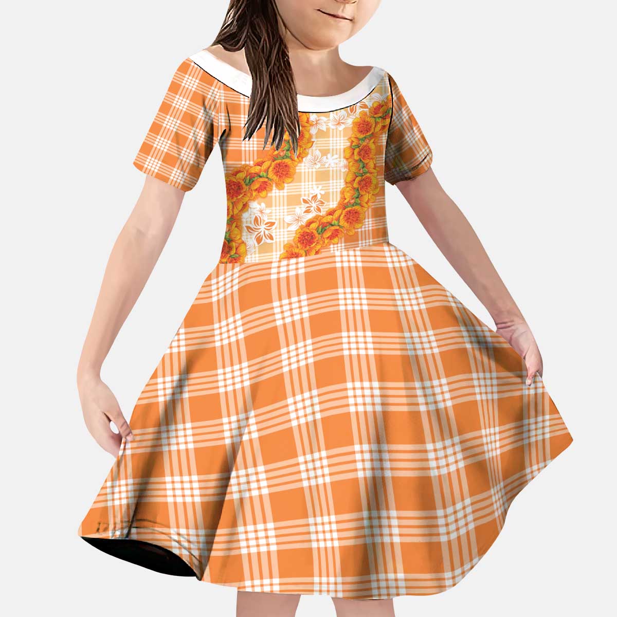Orange Hawaii Palaka Kid Short Sleeve Dress Hawaiian Ilima Lei