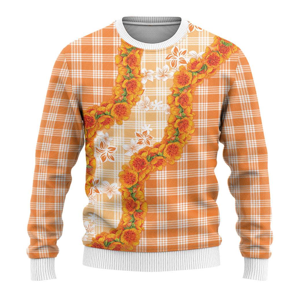 Orange Hawaii Palaka Ugly Christmas Sweater Hawaiian Ilima Lei