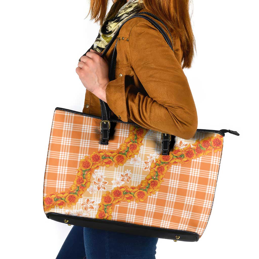 Orange Hawaii Palaka Leather Tote Bag Hawaiian Ilima Lei LT05 Orange - Polynesian Pride