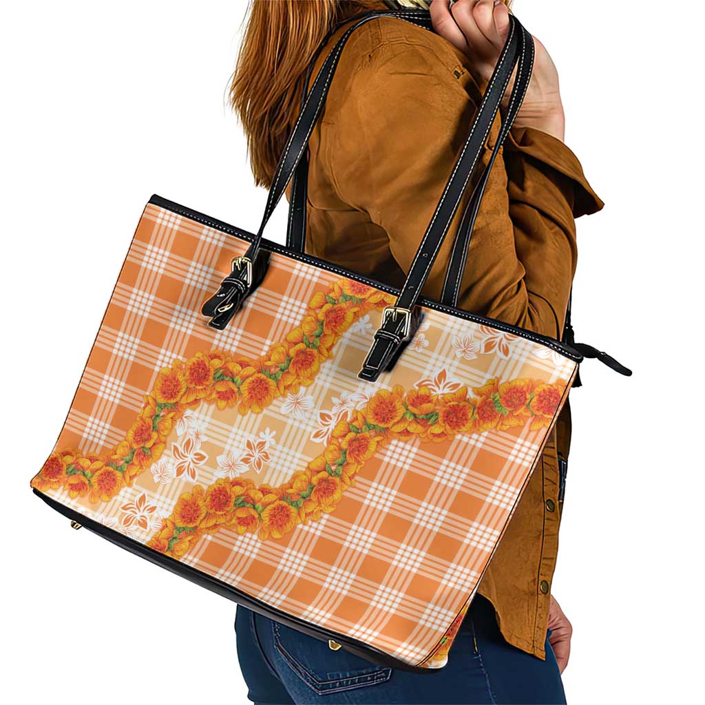 Orange Hawaii Palaka Leather Tote Bag Hawaiian Ilima Lei LT05 - Polynesian Pride