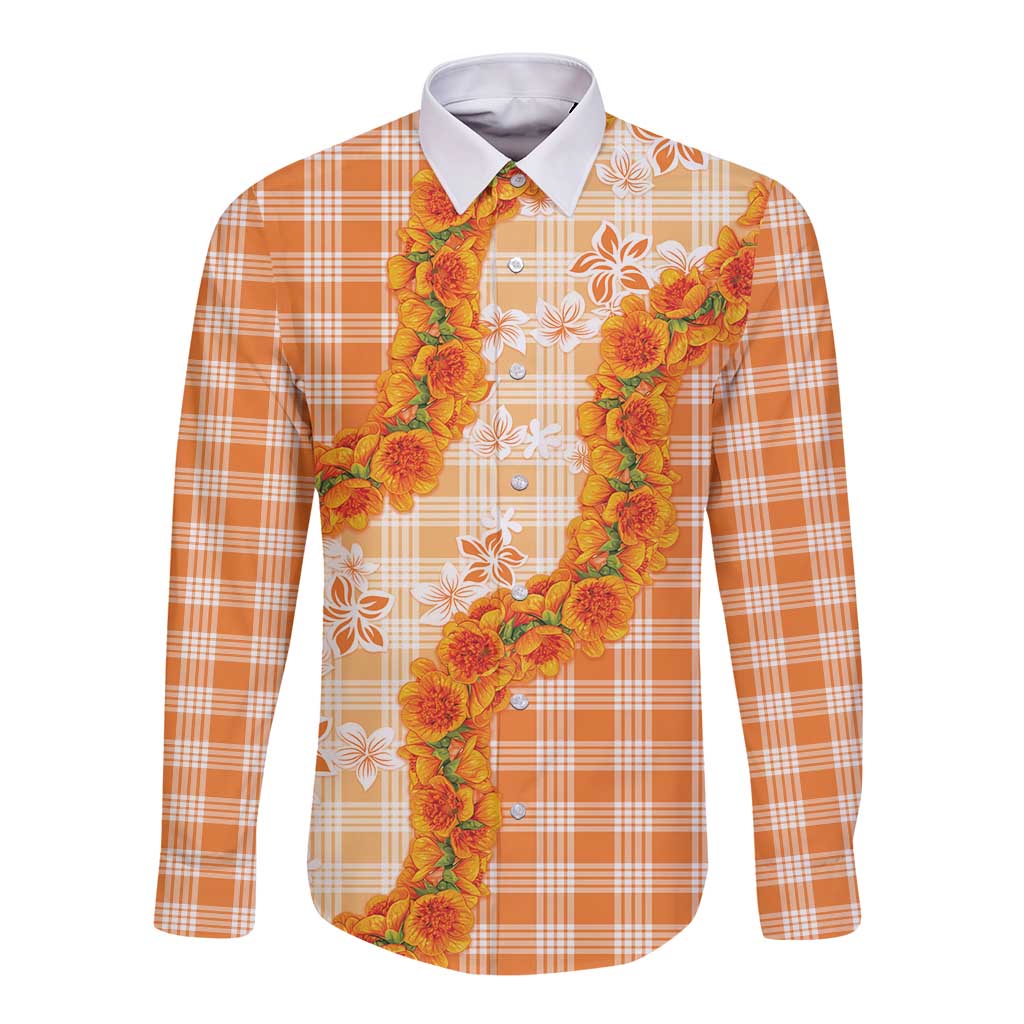 Orange Hawaii Palaka Long Sleeve Button Shirt Hawaiian Ilima Lei LT05 Unisex Orange - Polynesian Pride