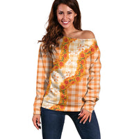 Orange Hawaii Palaka Off Shoulder Sweater Hawaiian Ilima Lei