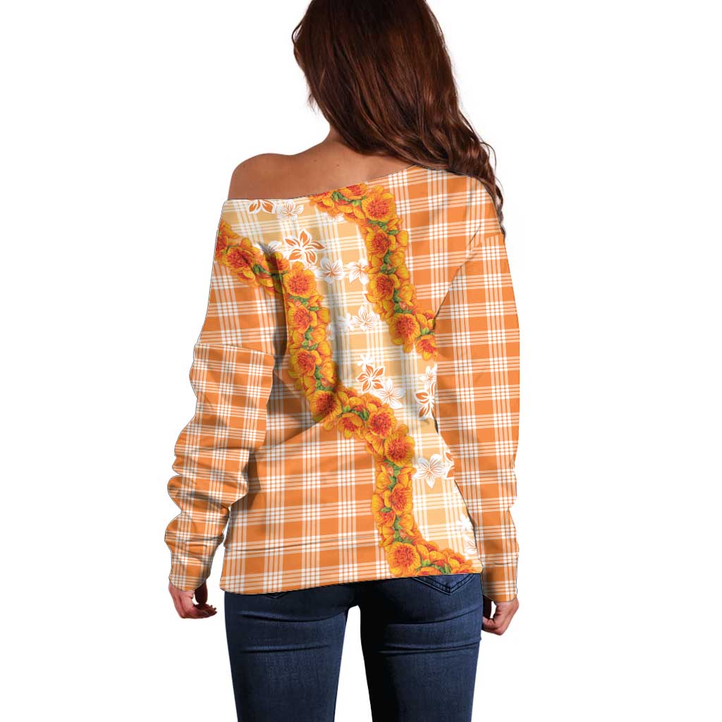 Orange Hawaii Palaka Off Shoulder Sweater Hawaiian Ilima Lei