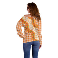Orange Hawaii Palaka Off Shoulder Sweater Hawaiian Ilima Lei